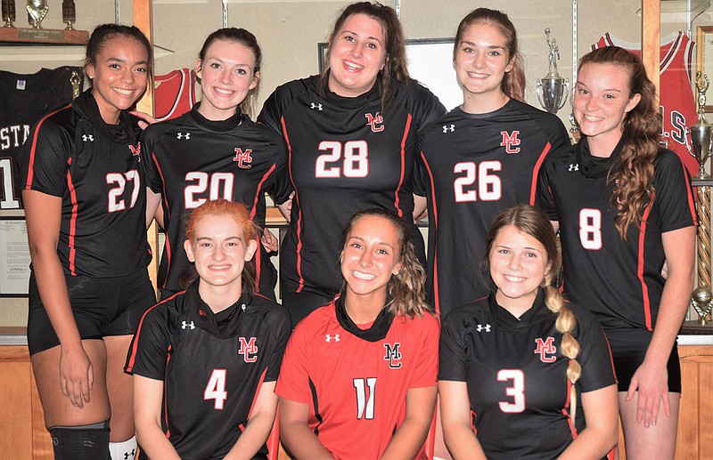 RICK PECK/SPECIAL TO MCDONALD COUNTY PRESS McDonald County High School honored its eight senior members of the Lady Mustang volleyball team on Sept. 29 prior to their win over Nevada. Front row, left to right are Jaimie Malone, Kaycee Factor and Erin Cooper; (back row), Shye Hardin, Rylee Bradley, Mollie Milleson, Sydnie Sanny and Katelyn Ferdig.