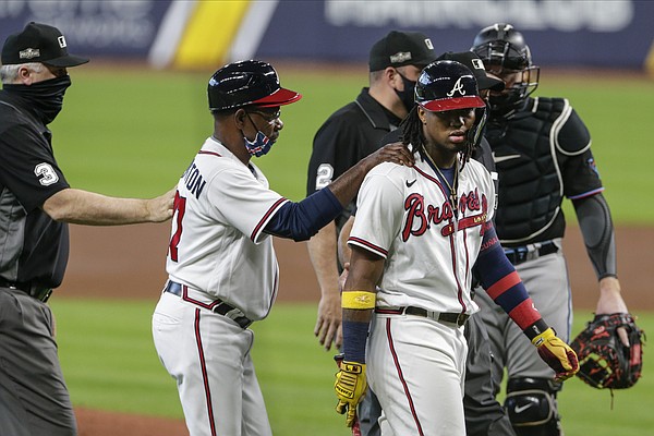 Ronald Acuna Jr hit by Sandy Alcantara pitch