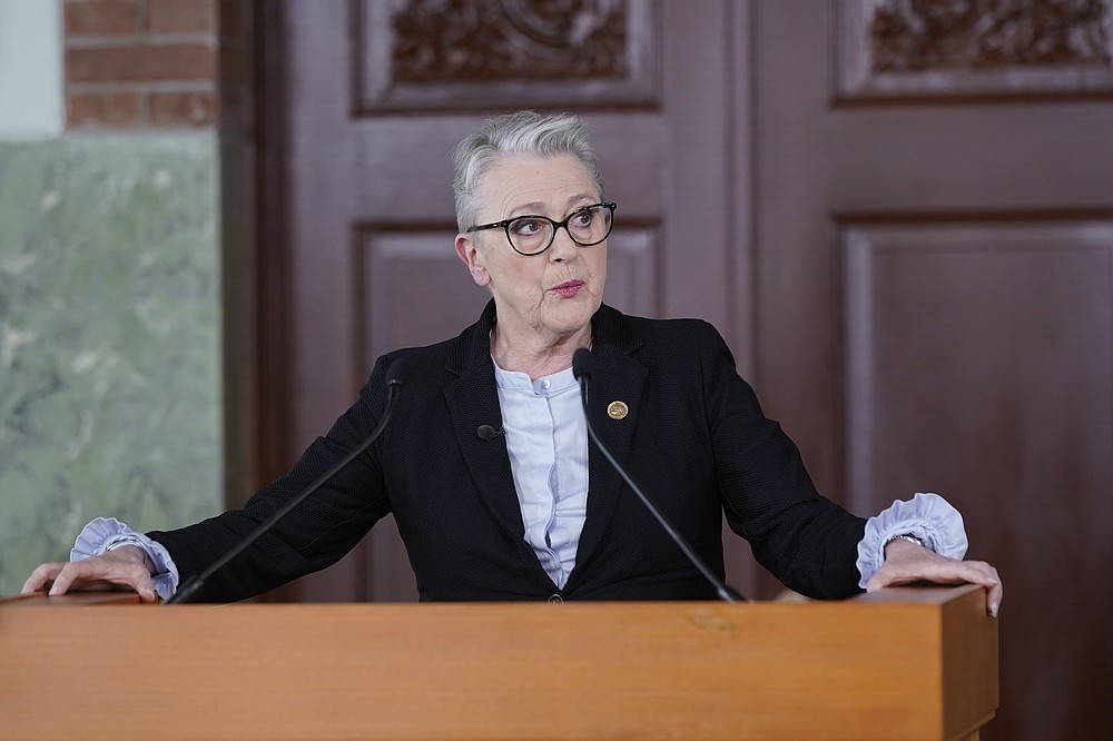Berit Reiss-Andersen, chair of the Nobel Committee announces the winner of the 2020 Nobel Peace Prize in Oslo, Friday Oct. 9, 2020. The World Food Program has won the 2020 Nobel Peace Prize for its efforts to combat hunger and food insecurity around the globe. (Stian Lysberg Solum/NTB via AP)