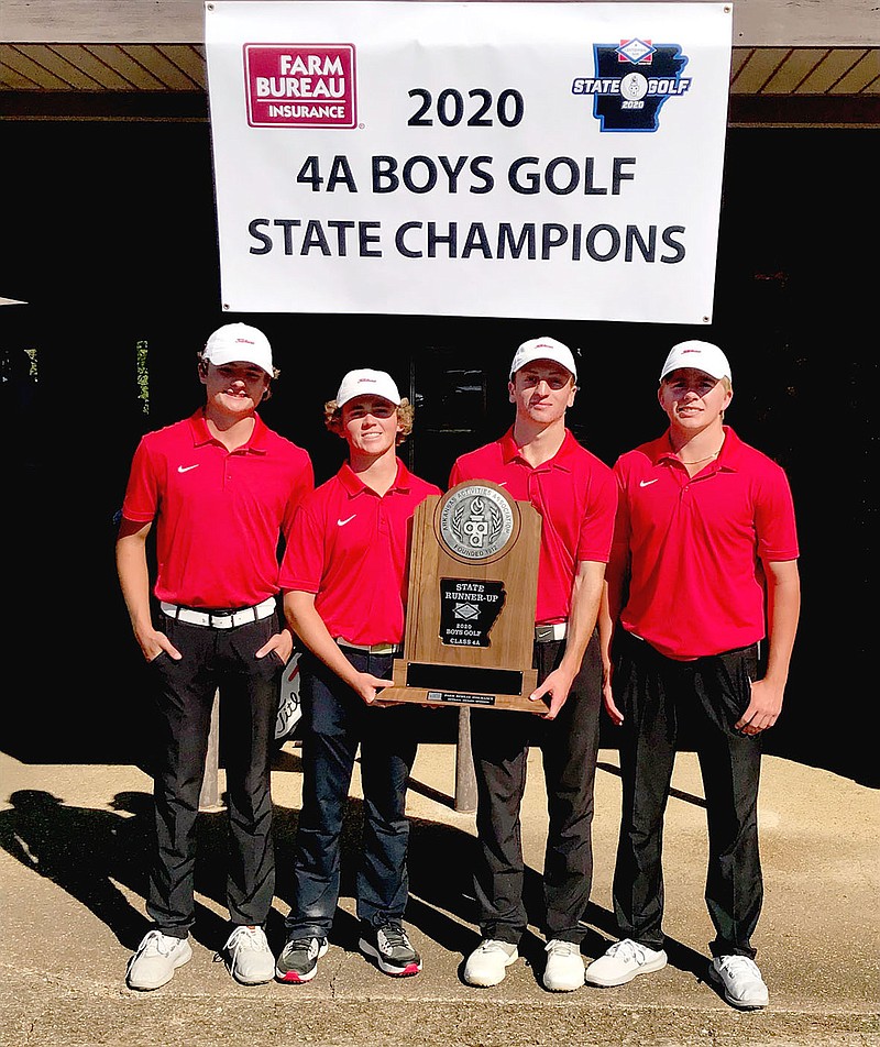 Submitted photo/Farmington's boys golf team (from left): Clayton Antwine, Landon Lawson, Rhett South and Dakota Bogan, brought home the Class 4A State Runner-Up trophy while competing at the Cherokee Village North Course on Oct.7. The team was coached by Randy Osnes.