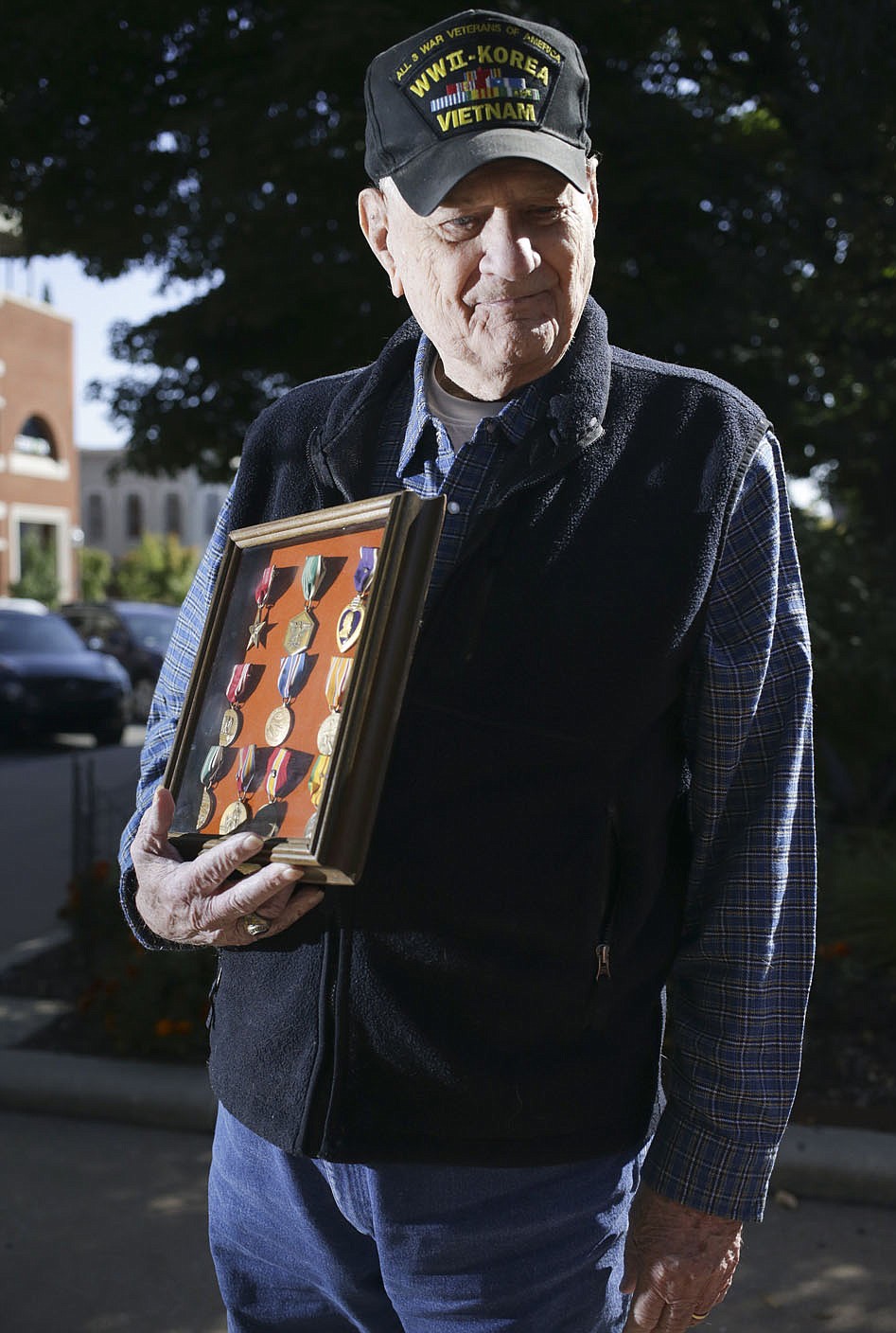 Albert King sits for a portrait, Friday, October 2, 2020 at the Fayetteville Square in Fayetteville. Check out nwaonline.com/2010010Daily/ for today's photo gallery.
(NWA Democrat-Gazette/Charlie Kaijo)