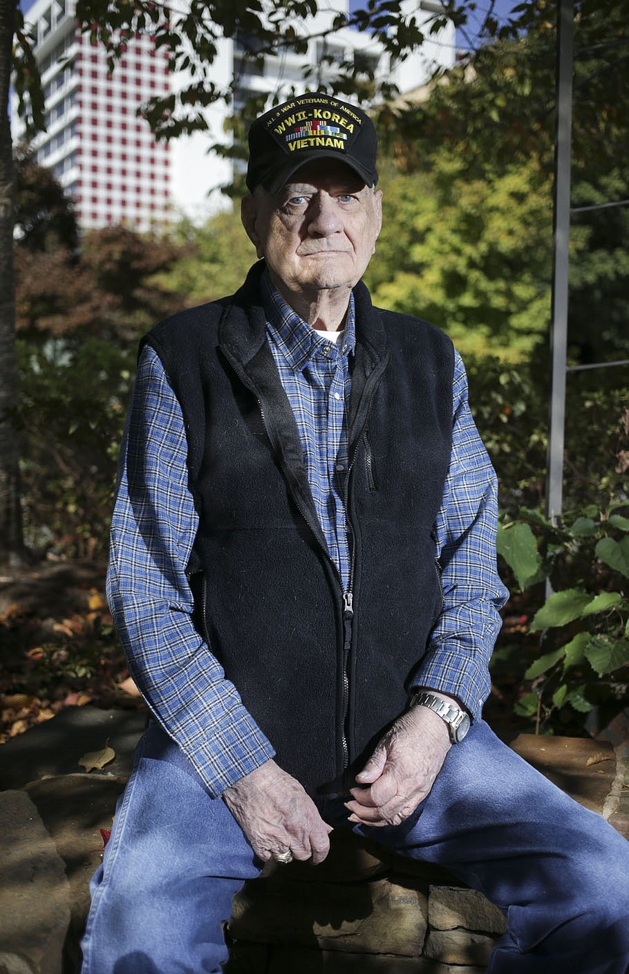 Albert King sits for a portrait, Friday, October 2, 2020 at the Fayetteville Square in Fayetteville. Check out nwaonline.com/2010010Daily/ for today's photo gallery.
(NWA Democrat-Gazette/Charlie Kaijo)