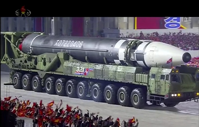 This image made from video broadcasted by North Korea's KRT, shows a military parade with what appears to be possible new intercontinental ballistic missile at the Kim Il Sung Square in Pyongyang, Saturday. North Korean leader Kim Jong Un warned Saturday that his country would “fully mobilize” its nuclear force if threatened as he took center stage at a massive military parade to mark the 75th anniversary of the country’s ruling party. - KRT via AP