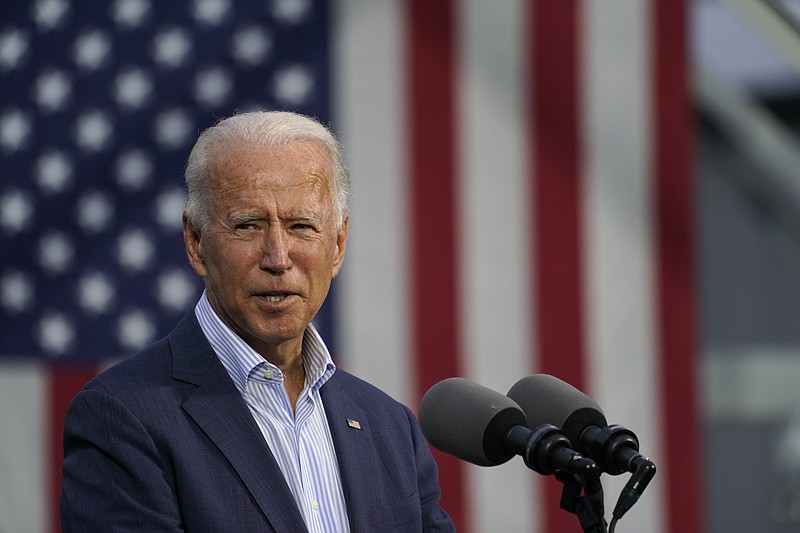 Democratic presidential candidate former Vice President Joe Biden speaks at the Plumbers Local Union No. 27 training center, Saturday, Oct. 10, 2020, in Erie, Pa. (AP Photo/Carolyn Kaster)