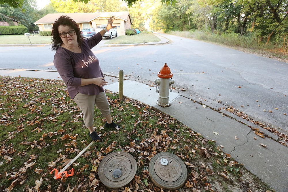 Karen Hill stands at the corner of her property on Angela Street and W. Emma Avenue as she describes Wednesday, October 7, 2020, the impact on her property of the presented plans to extend Har-Ber Avenue east over I-49 to match up with Emma Avenue at Gutensohn Road in Springdale. Check out nwadg.com/photos for a photo gallery.(NWA Democrat-Gazette/David Gottschalk)