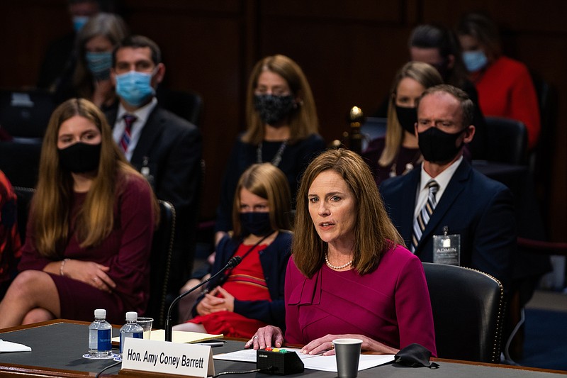 Supreme Court nominee Judge Amy Coney Barrett speaks before the Senate Judiciary Committee on Monday. MUST CREDIT: Washington Post photo by Demetrius Freeman.