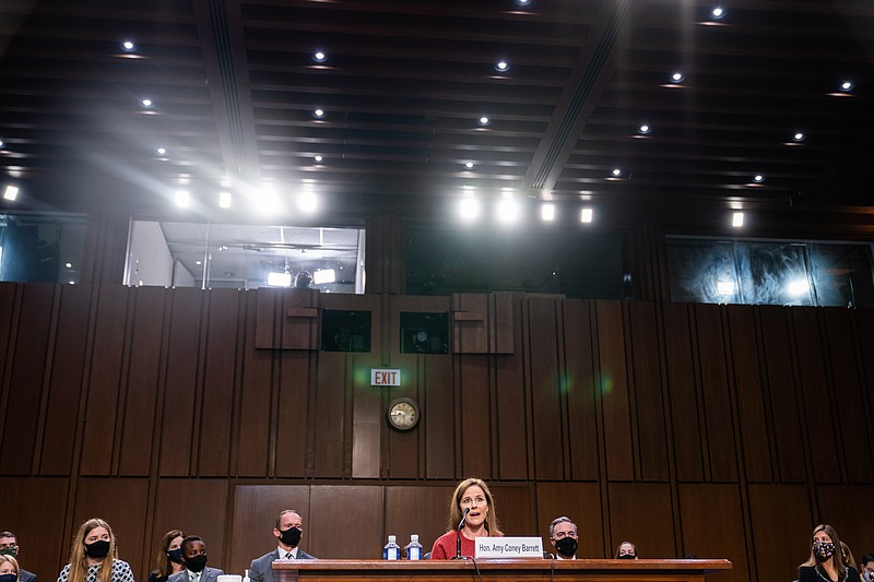 Supreme Court nominee Amy Coney Barrett testifies in the second day of her Senate Judiciary Committee hearing on Tuesday, Oct. 13, 2020. MUST CREDIT: Washington Post photo by Demetrius Freeman