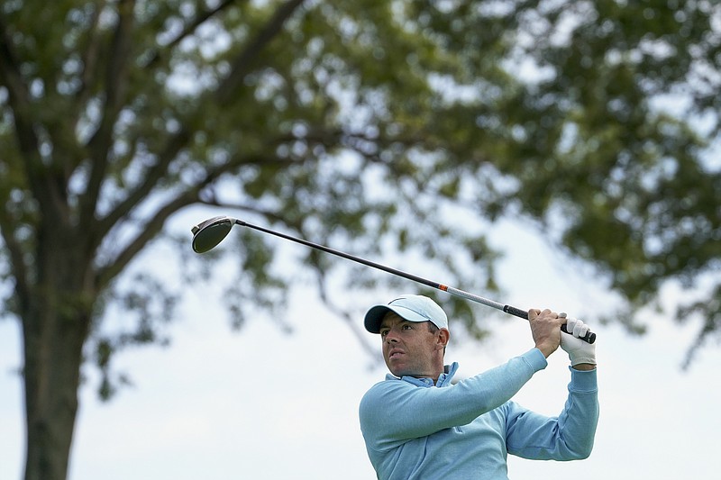 FILE - In this Sept. 20, 2020, file photo, Rory McIlroy, of Northern Ireland, plays his shot from the fourth tee during the final round of the U.S. Open golf tournament in Mamaroneck, N.Y. McIlroy is among those playing the CJ Cup at Shadow Creek this week north of Las Vegas. ( (AP Photo/John Minchillo, File)