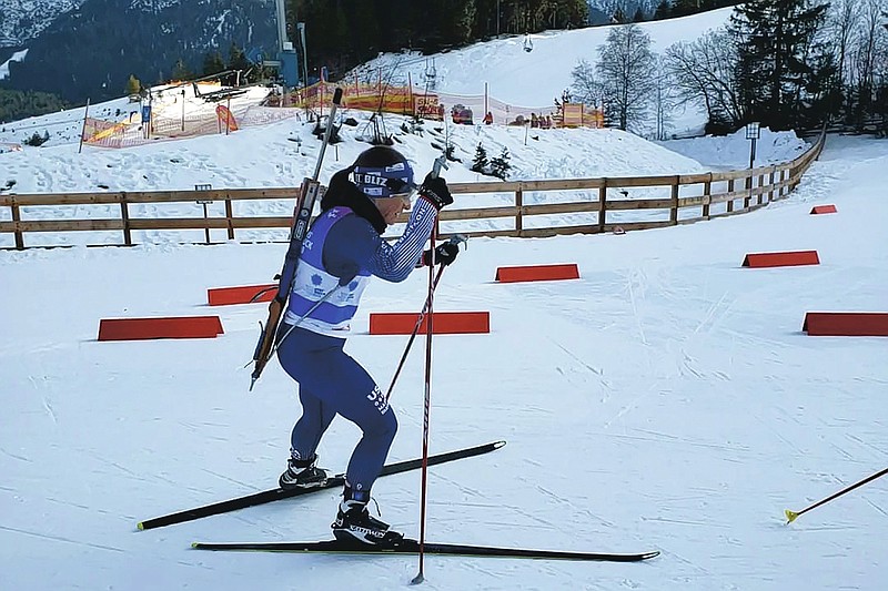 Associated Press reporter Martha Bellisle skis up to the shooting range during the individual Biathalon race during the Winter World Masters Games in Seefeld, Austria on Jan. 14, 2020. (Courtesy of Martha Bellisle via AP) story.lead_photo.caption