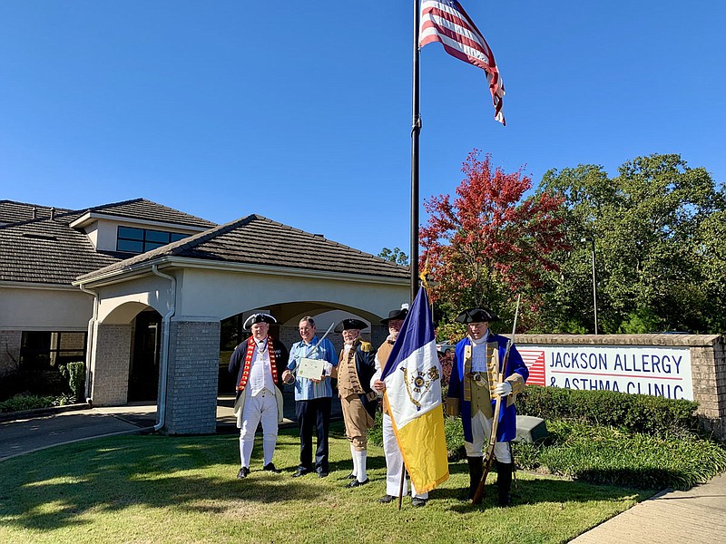 From left are Arkansas Society of the Sons of the American Revolution Vice President Charles McLemore, Dr. Brian D. Jackson, DeSoto Trace Chapter President Gene Rasure, Dale Lovell, and Jimmie Weber. - Submitted photo story.lead_photo.caption