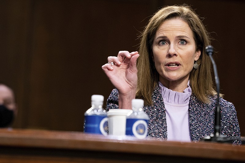 Supreme Court nominee Amy Coney Barrett speaks during a confirmation hearing before the Senate Judiciary Committee, Wednesday, Oct. 14, 2020, on Capitol Hill in Washington. (Anna Moneymaker/The New York Times via AP, Pool)