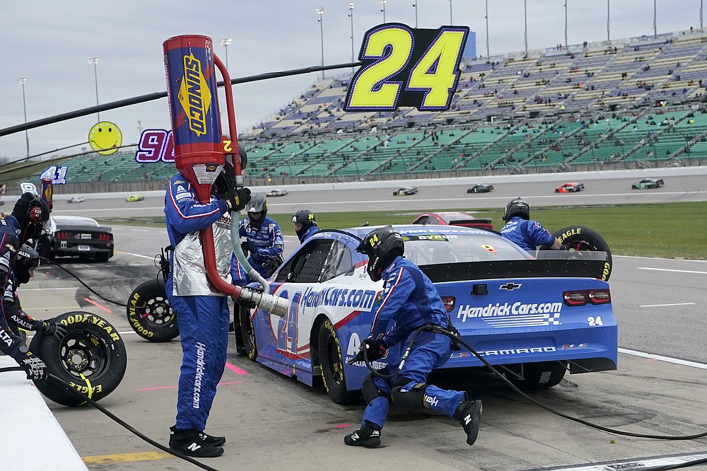 William Byron (24) pits during a NASCAR Cup Series auto race at Kansas Speedway in Kansas City, Kan., Sunday, Oct. 18, 2020. (AP Photo/Orlin Wagner)