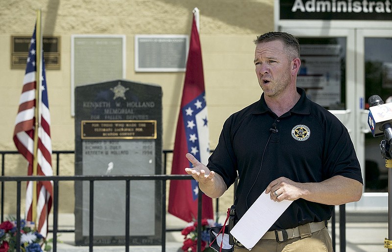 Benton County Sheriff Shawn Holloway speaks Thursday, June 18, 2020, during a press conference about positive covid-19 cases among the jail population at the Benton County Jail in Bentonville. Go to nwaonline.com/200619Daily/ to see more photos.
(NWA Democrat-Gazette/Ben Goff)