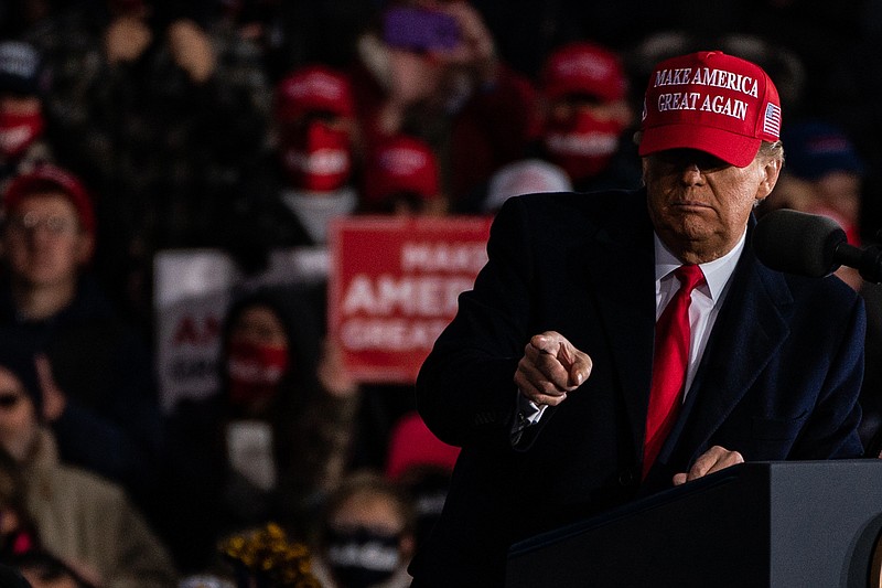 President Donald Trump is shown at a campaign event at the Muskegon County Airport in Michigan on Saturday, Oct. 17, 2020. MUST CREDIT: Washington Post photo by Salwan Georges