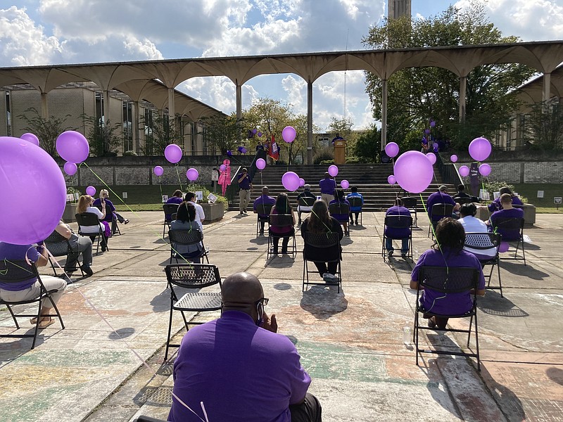 At Tuesday's 2020 Domestic Violence Walk, speakers urged those suffering in abusive relationships to break free of them. (Pine Bluff Commercial/Byron Tate)