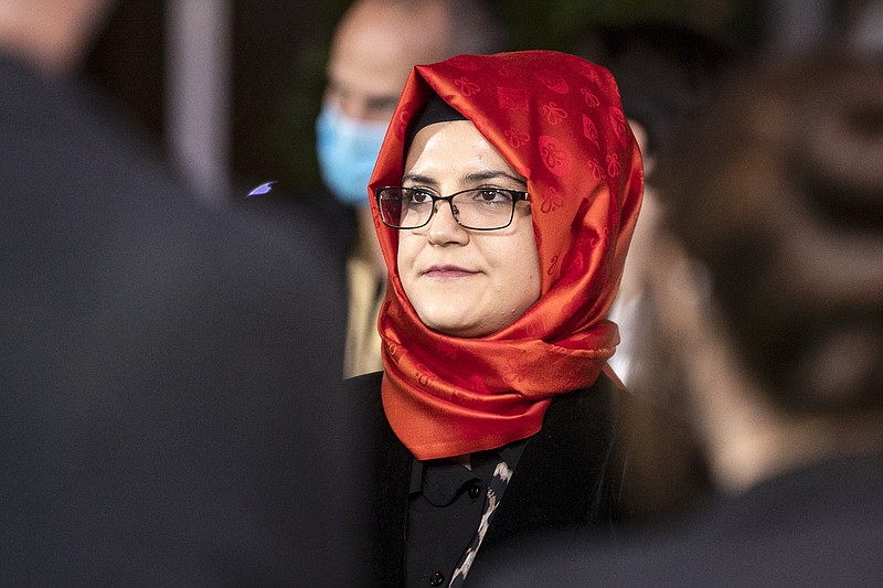 Hatice Cengiz, the fiancee of slain Saudi journalist Jamal Khashoggi, attends the 16th Zurich Film Festival (ZFF) in Zurich, Switzerland, Friday, Oct. 2, 2020. (Alexandra Wey/Keystone via AP)