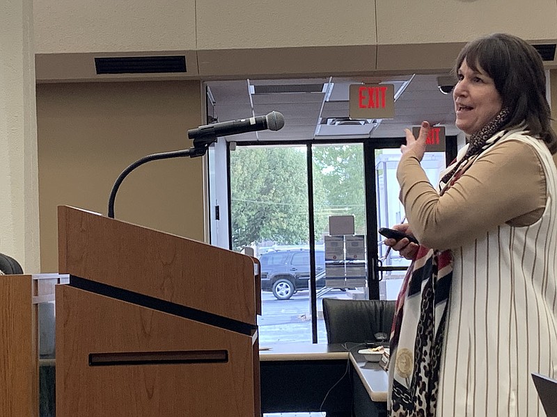 Sherry Stewart, special education director, shares an update Tuesday on special education programming during the pandemic at the monthly Rogers School Board meeting. (NWA Democrat-Gazette/Mary Jordan)