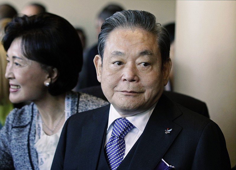 In this July 6, 2011, file photo, Samsung Chairman Lee Kun-hee, right, greets people from the South Korean delegation in Durban, South Africa, for the 123rd International Olympic Committee (IOC) session that will decide the host city for the 2018 Olympics Winter Games. Lee, the ailing Samsung Electronics chairman who transformed the small television maker into a global giant of consumer electronics, has died, a Samsung statement said Sunday. He was 78. - AP Photo/Schalk van Zuydam story.lead_photo.caption