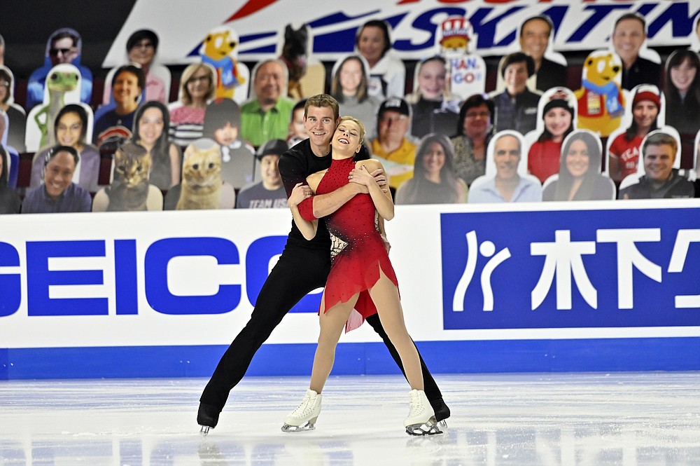 Alexa Scimeca Knierim and Brandon Frazier of the United States, compete during the pairs short program in the International Skating Union Grand Prix of Figure Skating Series Friday, Oct. 23, 2020, in Las Vegas. (AP Photo/David Becker)