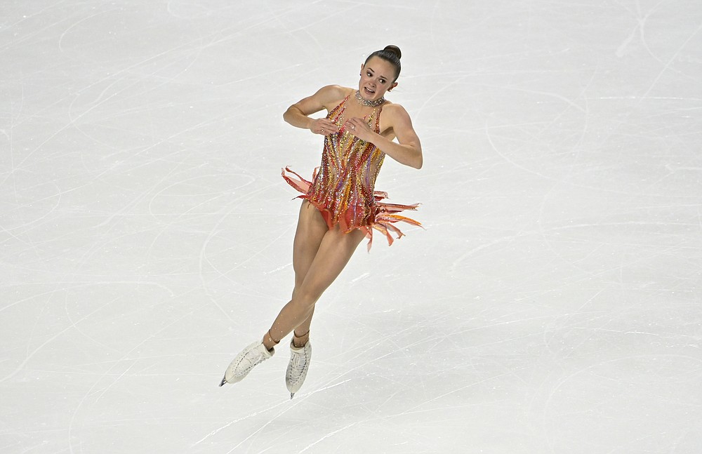 Mariah Bell of the United States competes during women's freestyle program in the International Skating Union Grand Prix of Figure Skating Series Saturday, Oct. 24, 2020, in Las Vegas. (AP Photo/David Becker)