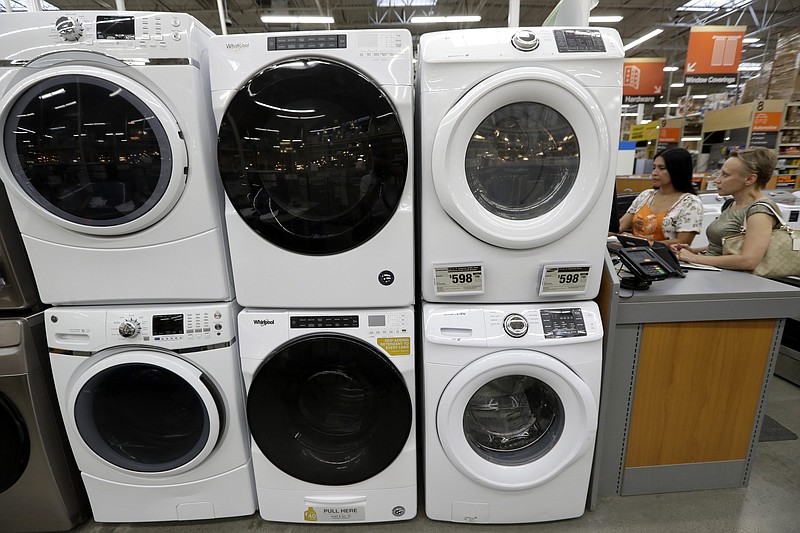 FILE - In this Sept. 23, 2019, file photo, clothes dryers, top, are stacked on top of washing machines at a Home Depot store location, in Boston. Orders to U.S. factories for big-ticket manufactured goods increased a weak 0.4% in August following a much larger July gain. The Commerce Department reported Friday, Sept. 25, 2020 that the August advance marked the fourth consecutive increase but was far lower than the 11.7% surge seen in July. (AP Photo/Steven Senne, File) story.lead_photo.caption