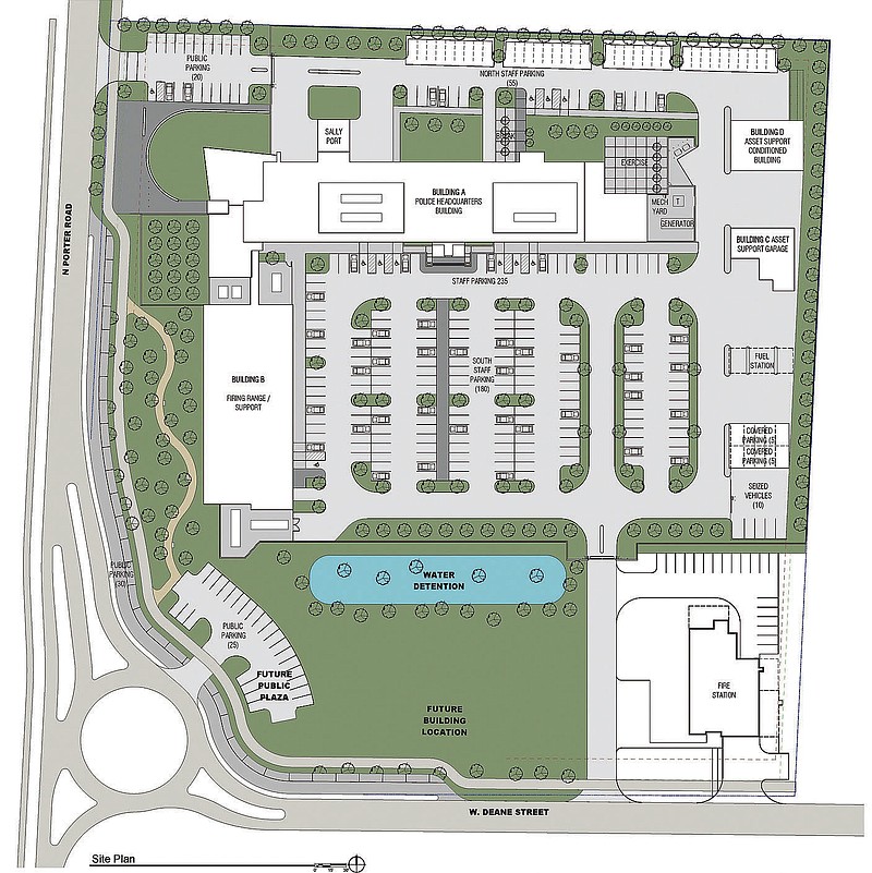 This rendering shows a revised site plan for the Fayetteville police headquarters planned at Porter Road and Deane Street. The City Council reviewed the plan Tuesday. 
(Courtesy Photo/Brinkley Sargent Wiginton Architects)