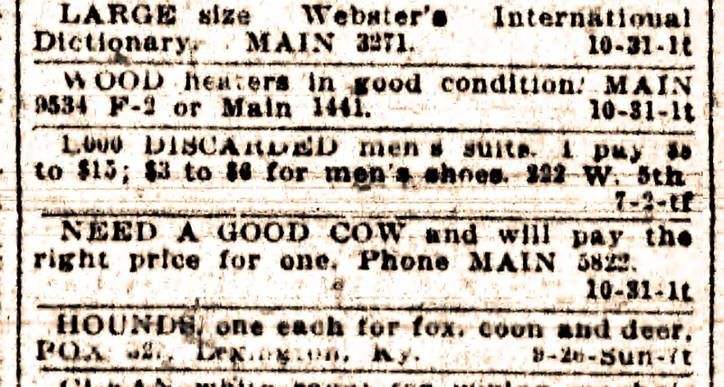 Part of the Wanted to Buy classified ads in the Oct. 31, 1920, Arkansas Gazette. (Arkansas as Democrat-Gazette)