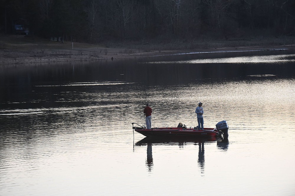Threadfin shad, a major food source for all game fish at Beaver Lake, are seen flipping on the surface near anglers during a past autumn in a cove near Rocky Branch park. Locate shad and game fish are usually around them.
(NWA Democrat-Gazette/Flip Putthoff)