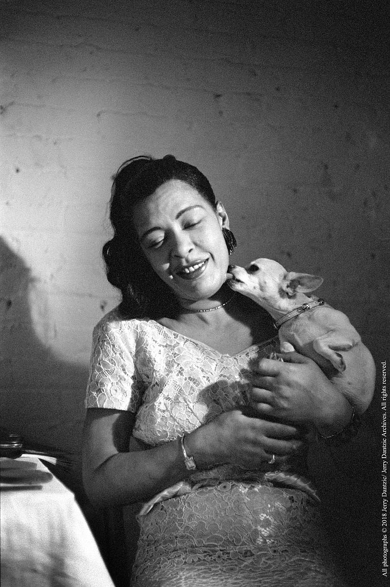Billie Holiday shares some love with her pet chihuahua, Pepi, backstage at Sugar Hill.

(All photographs © 2018 Jerry Dantzic/ Jerry Dantzic Archives. All rights reserved.)