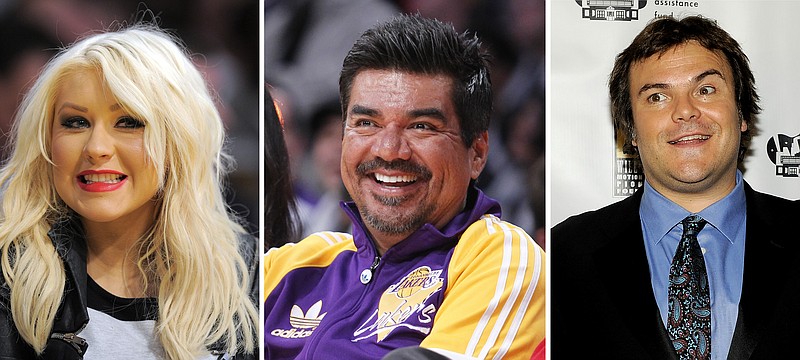 This photo combination shows from left: musician Christina Aguilera in Los Angeles, March 29, 2012, comedian George Lopez in Los Angeles, Dec. 25, 2012, and actor Jack Black in Las Vegas, April 25, 2012. Public relations firms hired by the Department of Health and Human Services vetted the political views of hundreds of celebrities, including Aguilera, Lopez, and Black, for a health education advertising campaign on the coronavirus outbreak. That's according to documents released Thursday by a House committee. (AP Photo)