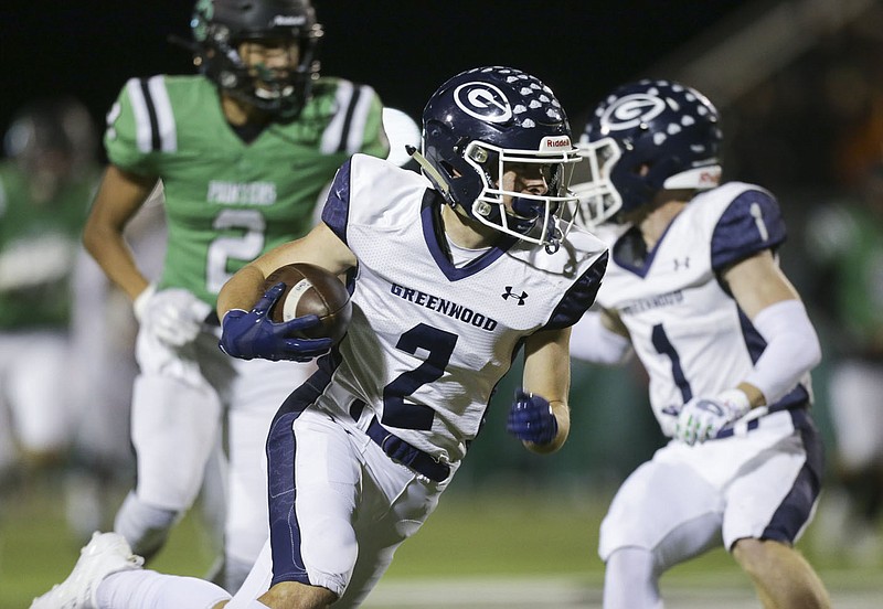 Greenwood wide receiver Jase Strozier (2) carries the ball, Friday, October 30, 2020 during a football game at Blakemore Field in Van Buren. Check out nwaonline.com/201031Daily/ for today's photo gallery. 
(NWA Democrat-Gazette/Charlie Kaijo)