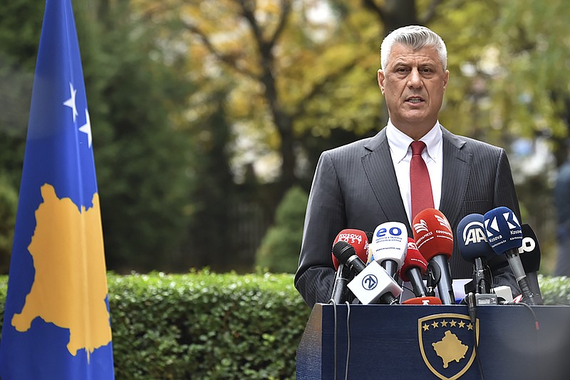 Kosovo president Hashim Thaci addresses the nation as he announced his resignation to face war crimes charges in Kosovo capital Pristina on Thursday, Nov. 5, 2020. Thaci, a guerrilla leader during Kosovo’s war for independence, has resigned in order to face charges for war crimes and crimes against humanity issued by at a special court based in The Hague, Netherlands. Thaci announced his resignation at a news conference on Thursday. He said he was taking the step “to protect the integrity of the presidency of Kosovo.” (AP Photo/Visar Kryeziu)