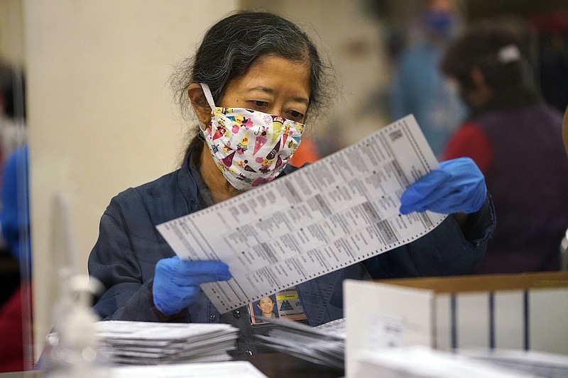 An election worker sorts mail-in ballots at the Multnomah County Duniway-Lovejoy Elections Building Monday, Nov. 2, 2020, in Portland, Ore. (AP Photo/Marcio Jose Sanchez)