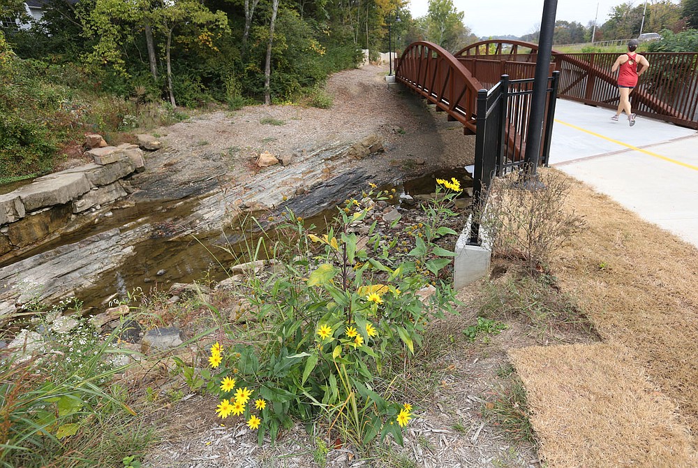 A new bridge is visible Thursday, October 8, 2020, on a new section of trail just south of Sweetbriar Park in Fayetteville. A number of projects related to parks and trails in the city are continuing despite operational budget cuts because of the covid-19 pandemic. Niokaska Creek Trail was unveiled to the public Monday, and stretches from Gulley Park to Sweetbriar Park and connects to Mud Creek Trail to the north. Check out nwaonline.com/201011Daily/ and nwadg.com/photos for a photo gallery.(NWA Democrat-Gazette/David Gottschalk)