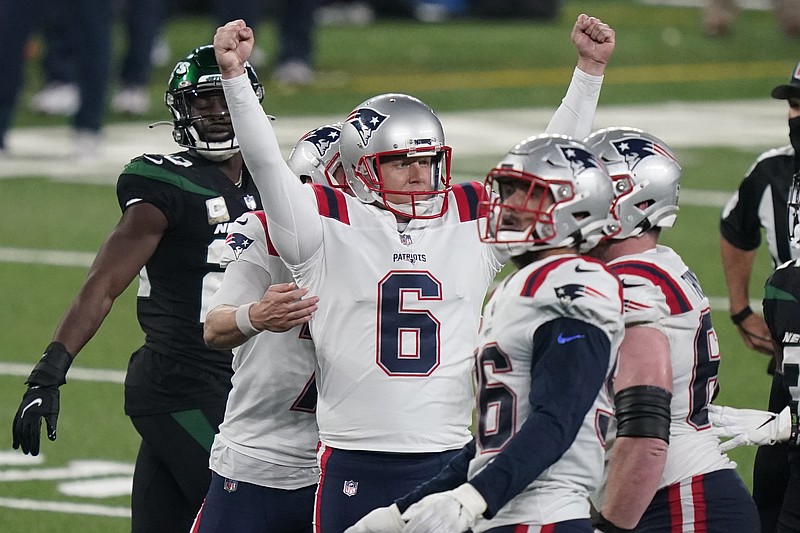 New England Patriots kicker Nick Folk (6) reacts after kicking the winning field goal during the second half of an NFL football game against the New York Jets, Monday, Nov. 9, 2020, in East Rutherford, N.J. (AP Photo/Corey Sipkin)