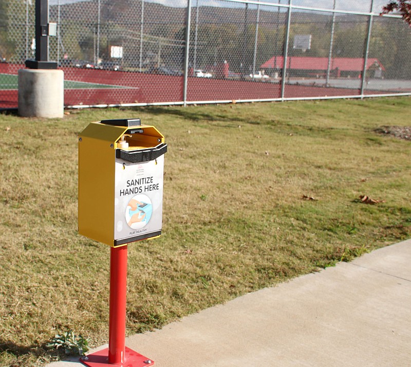 LYNN KUTTER ENTERPRISE-LEADER
The city of Farmington has installed these hand sanitizing stations at Creekside Park ....