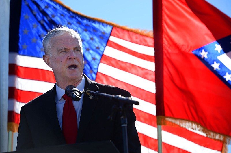 Third District Rep. Steve Womack, R-Rogers, speaks Wednesday during the inaugural Field of Honor event in Bentonville. The event was hosted by the Rotary Club of Bentonville as an observance of Veterans Day. Go to nwaonline.com/201112Daily/ for today's photo gallery. 
(NWA Democrat-Gazette/Andy Shupe)