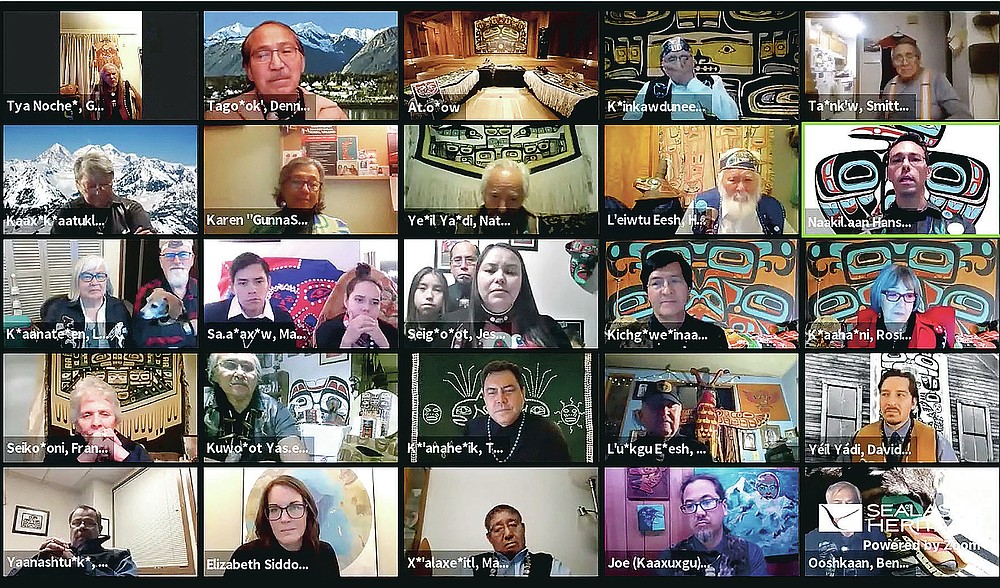 Provided by the Sealaska Heritage Institute, this Nov. 5, 2020, image shows a Zoom memorial service for Tlingit elder David Katzeek, conducted by the institute, with some of the many people honoring Katzeek over the internet as the pandemic had made in-person ceremonies impossible. (Sealaska Heritage Institute via AP)