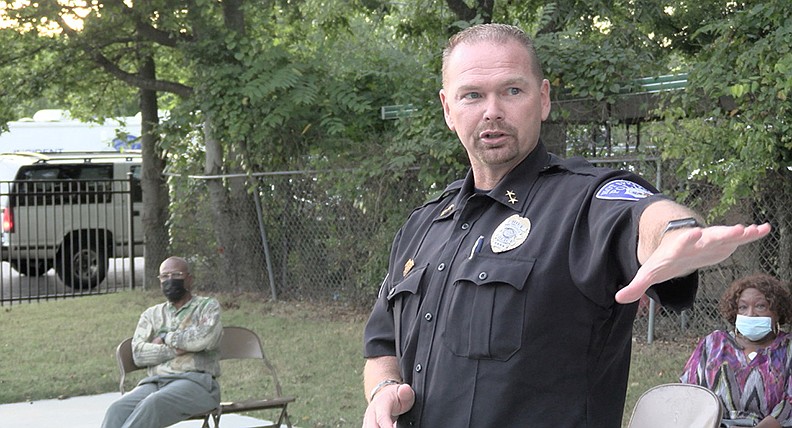 Hot Springs Police Chief Chris Chapmond speaks at a town hall-style meeting in District 2 earlier this year. Chapmond spoke recently with the newspaper about a new crime reduction strategy being implemented over the next few months. - Photo by Tyler Wann of The Sentinel-Record story.lead_photo.caption