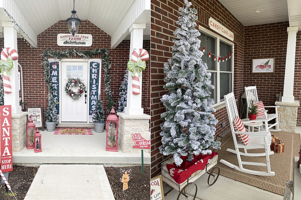 This combination photo shows views of the Christmas-decorated exterior of Danielle Martin's home in Manteno, Ill. Martin is a big Christmas person but usually waits to decorate until the day after Thanksgiving. This year she got busy on Nov. 1 with a candy cane themed front porch. (Danielle Martin via AP)