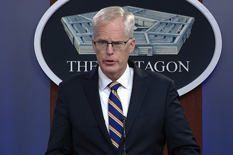 In this Tuesday, Nov. 17, 2020, image taken from a video provided by Defense.gov Acting Defense Secretary Christopher Miller speaks at the Pentagon in Washington. Miller said Tuesday that the U.S. will reduce troop levels in Iraq and Afghanistan by mid-January, asserting that the decision fulfills President Donald Trump’s pledge to bring forces home from America's long wars even as Republicans and U.S. allies warn of the dangers of withdrawing before conditions are right. (Defense.gov via AP) story.lead_photo.caption