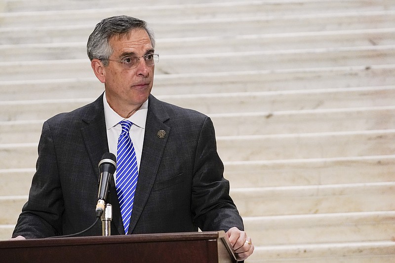 Georgia Secretary of State Brad Raffensperger speaks during a news conference on Friday in Atlanta. Georgia’s top elections official said he will certify that Joe Biden won the state's presidential election after a hand tally stemming from a mandatory audit affirmed the Democrat's lead over Republican President Donald Trump. Raffensperger said during a news conference Friday that he believes the numbers his office has presented are correct. - AP Photo/Brynn Anderson story.lead_photo.caption