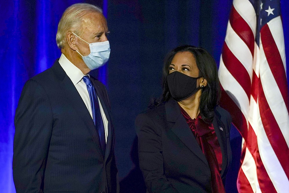 FILE - In this Nov. 6, 2020, file photo then-Democratic presidential candidate former Vice President Joe Biden arrives with his running mate Sen. Kamala Harris, D-Calif., to speak in Wilmington, Del. President-elect Biden turns 78 on Friday, Nov. 20. (AP Photo/Carolyn Kaster, File)