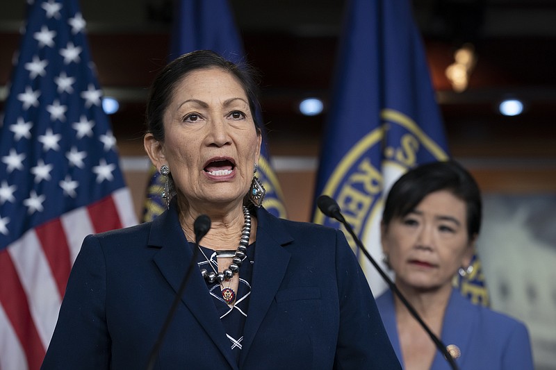 In this March 5 file photo, Rep. Deb Haaland, D-N.M., Native American Caucus co-chair, joined at right by Rep. Judy Chu, D-Calif., chair of the Congressional Asian Pacific American Caucus, speaks to reporters about the 2020 Census on Capitol Hill in Washington. O.J. Semans is one of dozens of tribal officials and vote activists around the country pushing selection of Haaland to become the first Native American secretary of Interior. - AP Photo/J. Scott Applewhite