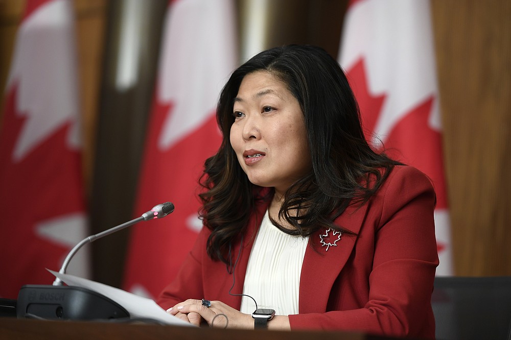 Minister of International Trade Mary Ng participates in a news conference on the Canada-United Kingdom Trade Continuity Agreement in Ottawa, on Saturday, Nov. 21, 2020. The U.K. signed an interim trade deal with Canada on Saturday, the second major agreement the country has reached as negotiators hurry to cement trading relationships in preparation for life outside the European Union. (Justin Tang/The Canadian Press via AP)