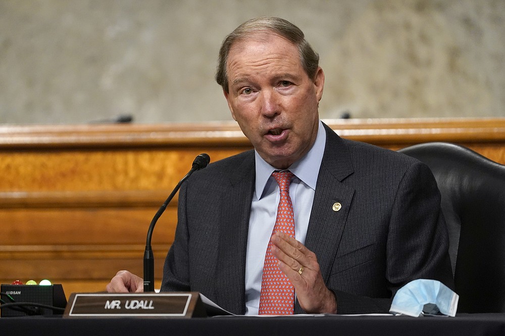 FILE - In this Sept. 24, 2020 file photo, Sen. Tom Udall, D-N.M., speaks during a Senate Foreign Relations Committee hearing on Capitol Hill in Washington. (AP Photo/Susan Walsh, Pool, File)