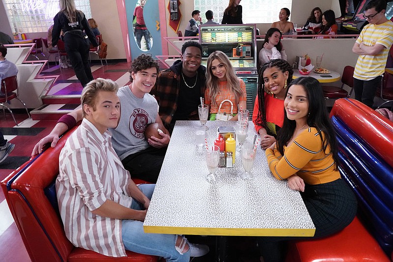 Mac Morris (played by Mitchell Hoog, from left), Jamie Spano (Belmont Cameli), DeVante (Dexter Darden), Lexi (Josie Totah), Aisha (Alycia Pascual-Pena) and Daisy (Haskiri Velazquez) are the new “Saved by the Bell” class. (Peacock/Chris Haston)