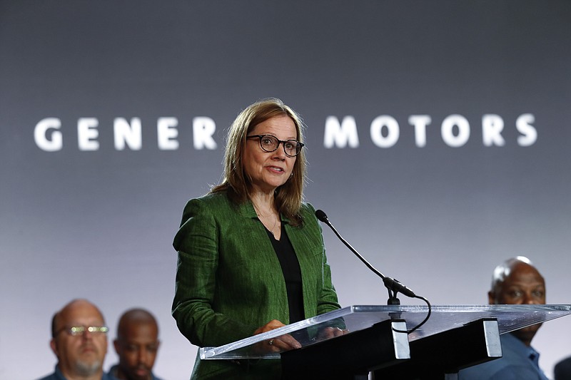 FILE - In this July 16, 2019 file photo, General Motors Chairman and Chief Executive Officer Mary Barra speaks during the opening of their contract talks with the United Auto Workers in Detroit.   General Motors says it will no longer support the Trump administration in legal efforts to end California's right to set its own clean-air standards.  Barra said in a  letter Monday, Nov. 23, 2020 to environmental groups that GM will pull out of the lawsuit, and it urges other automakers to do so.  (AP Photo/Paul Sancya)