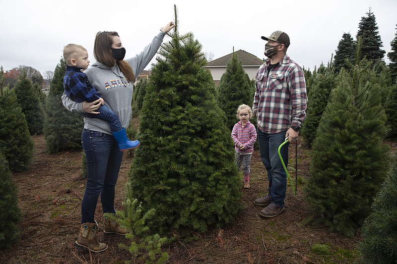 Josh and Jessica Ferrara shop for Christmas trees with son Jayce, 1 year and Jade, 3 years, at Sunnyview Christmas Tree farm on Saturday in Salem, Ore. It's early in the season, but both wholesale tree farmers and small cut-your-own lots are reporting strong demand, with many opening well before Thanksgiving. - AP Photo/Paula Bronstein