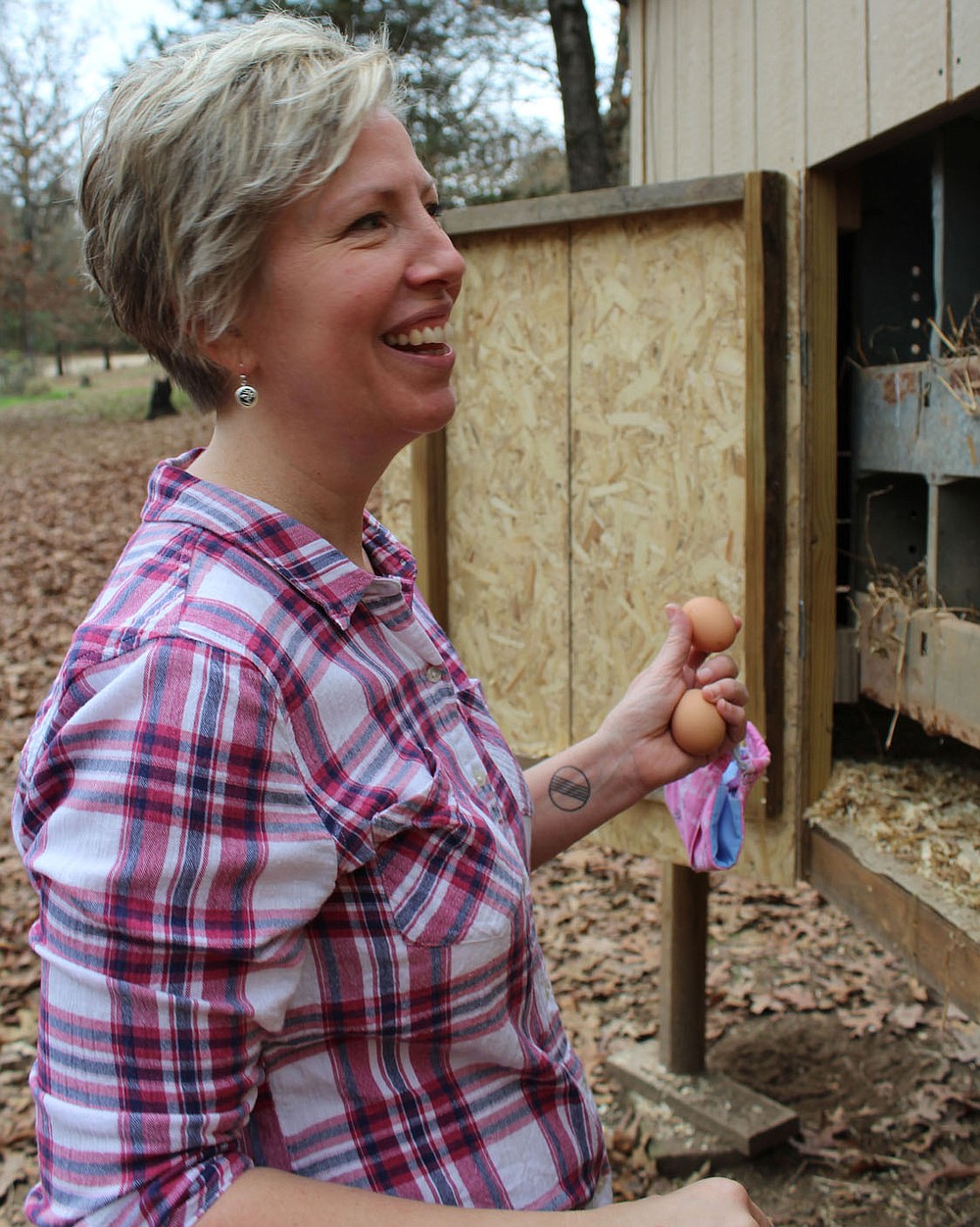 Anne Canada, a librarian at Paris Middle School, searches her chicken coop for eggs Nov. 21 at her Subiaco home. The coop was built to house chickens and roosters hatched in support of a virtual 4-H program offered for students when schools shutdown for onsite instruction in the spring. (NWA Democrat-Gazette/Mary Jordan)